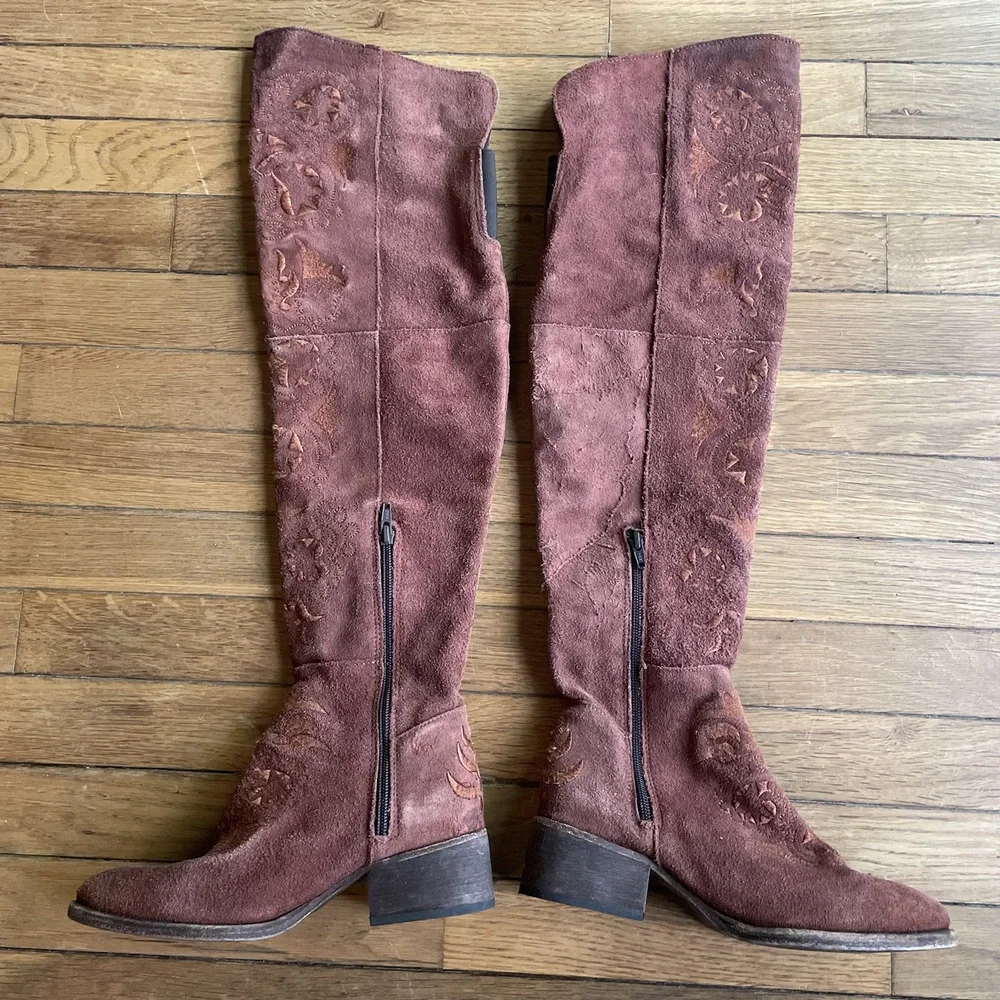Free People Brown High Noon Suede Embroidered Over Knee Boots Sz EU 37/US 6.5